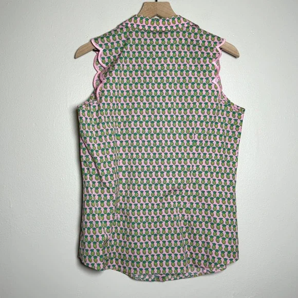 Talbots Womens Non Iron Shirt 10 Pink Pineapple Print Scalloped - Picture 2 of 8